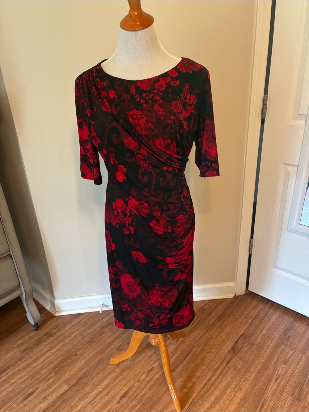 connected apparel Black and Red Floral Midi Dress